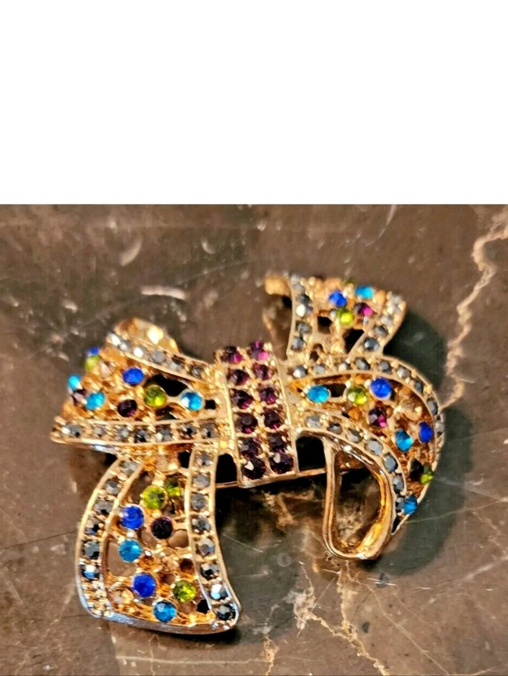 Bow Vintage Brooch  Gold Tone with Multicolor Rhinestones - Picture 6 of 10